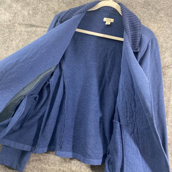 LL Bean Moto Jacket Blue Large Knit Asymmetrical Full Zip Long Sleeve Collared - Picture 4 of 9